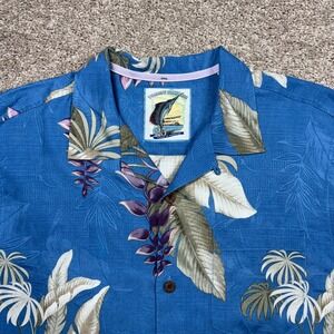 Tommy Bahama 25 Years of Paradise Mens Medium Blue Silk Tropical Hawaiian Shirt